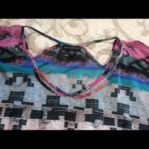 Printed open shoulder shift dress.